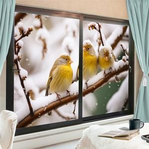 Interessante vogelraamfoliebedekkingen gele vogels natuur besneeuwde boom raam privacyfilm niet-klevende glasfilm decoratieve statische hechtfolie voor thuiskantoor 70 x 120 cm x 2 stuks