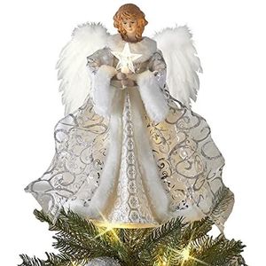 Witte engel kerstboom topper met LED-licht, kerstboom ornamenten vakantie party kerstdecoratie, kerstboom engel kant boompiek
