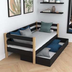 N-Wood N01 Bedbank met lade houten 120x180, Gastenbed, Lattenbodem, Multifunctioneel onderschuifbed voor kinderen, tieners, seniorenbed, Afgeronde hoeken, Hoogwaardige materialen, Zwarte-eik