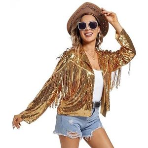 Fringe Top Vrouwen Pailletten Fringe Jas Lange Mouw Kwastje Glanzend Sparkle Party Disco Outfits Vintage Jas Kleding Voor Vrouwen, Goud, L