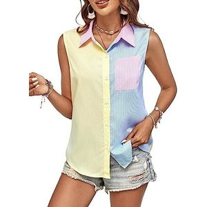 dames topjes Overhemd met gekleurde vlakken en opgestikte zakken met gestreepte print (Color : Multicolore, Size : M)