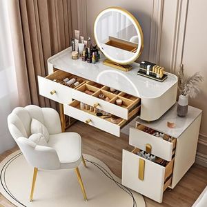 Make-up kaptafel set, kaptafel met 5 laden en kruk, cosmetica dressoir met 3-kleuren LED-verlichting spiegel, huismeubilair slaapkamer make-up kaptafel kruk set (maat: 100 cm, kleur: wit + goud)