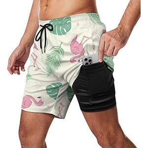Flamingo And Leaf Zwembroek voor heren, sneldrogend, 2-in-1 strandsportshorts met compressieliner en zak