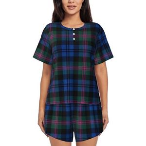YQxwJL Blauw En Groen Schotse Tartan Print Vrouwen Pyjama Sets Shorts Korte Mouw Lounge Sets Nachtkleding Casual Pjs Met Zakken, Zwart, XL