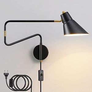 Industriële wandlamp met schakelaar en stekker, wandlamp verstelbare metalen lange arm, wandleeslampen met kabel draaibare bedlamp slaapkamer woonkamer lamp indoor wandverlichting E27,zwart