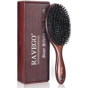 RAVEGO Haarborstel met varkenshaar, ontwart & stijlen fijn, kroeshaar, bruin houten handvat, uniseks volwassenen, vrouwen, mannen, kinderen (zwijnenharen)