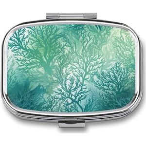 Pillendoos 2 compartimenten geneeskunde pillendoosje groene zee blauw zeewier bedrukt draagbare pillendoos reizen pillenorganisator voor zak portemonnee dagelijkse geneeskunde vitamine doos visolie