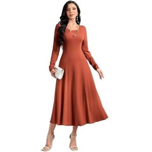jurken voor dames Effen A-lijnjurk for dames - Elegante uitlopende jurk met lange mouwen en hoge taille (Color : Redwood, Size : M)
