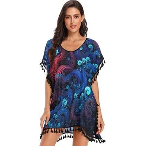 Rode Octopus Abstract Paars Vrouwen Strand Cover Up Chiffon Kwastje Badmode Badpak Coverups voor Meisje, Patroon, L