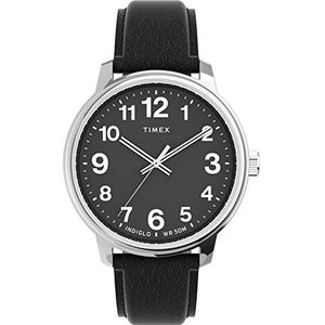 Timex Heren Quartz Easy Reader Horloge met Dial Analoge Display en Lederen Band, Zwart/Zilver-Toon/Zwart, 43 mm, Timex Heren Easy Reader Horloge