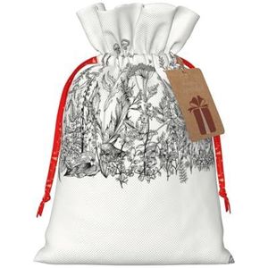 OPSREY Zwart en wit bloemen gedrukt Drawstring Gift Bags met Tag Christmas Gift Bag Christmas Decoration