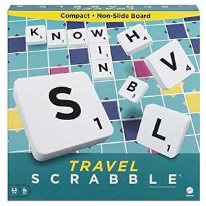 Scrabble Travel Game, Portable and Compact, 2-4 Players, Includes Playing Board, 4 Racks, 100 Letter Tiles, a Tile Bag, and Rules, 10Y+, CJT11(Packaging May Vary)