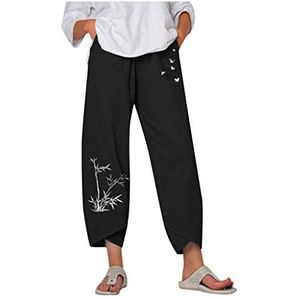 Kanpola Linnen broek voor dames, zomer, grote maten, linnen broek, print, vrijetijdsbroek met zakken, joggingbroek voor dames, losse comfortabele yogabroek, harembroek, P - zwart, 5XL