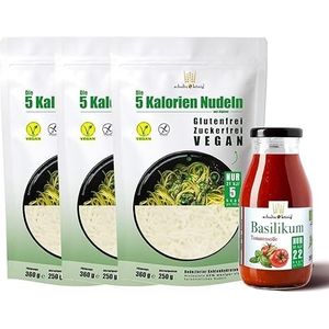 3 x 5 calorieën pasta van alginaat en 1 x basilicum saus, caloriearm, veganistisch en glutenvrij