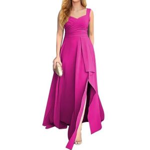 KURFACE Chiffon bruidsmeisjesjurk met split geplooide mouwloze lange avondjurk voor dames, Fuchsia, 32