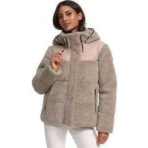 MARIKOO Winterjas voor dames (XS-XXL) - opstaande en gevoerde kraag, 4 zakken, grote capuchon, teddybufferjas, warme jas voor vrouwen - N030, licht taupe, S