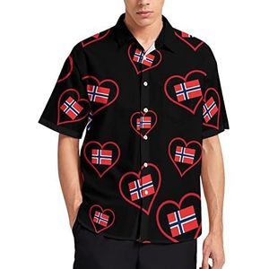 Love Norway Red Heart T-shirt met korte mouwen voor heren, casual knoopsluiting, zomer, strand, top met zak