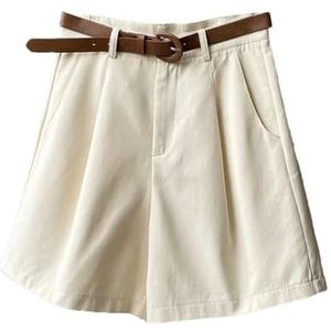 Vintage Eenvoudige Hoge Taille Vijf Punt Broek Vrouwen met Riem Brede Been Knielengte Broek Comfort Lange Shorts, Beige Abrikoos, XL