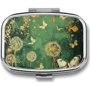 Pillendoos 2 compartimenten kleine pillenetui voor portemonnee en zak paardebloemen en vlinders vierkante pillendoos schattige vitamines visolie supplementen olie opbergdoos draagbare pillen bevatten