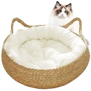 Kattenbed, kattenbank, kattenbedden en -meubels, kattenbedden voor binnenkatten, 38 x 12,7 cm, 2-in-1 geweven kattenmand, bed met zacht kussen, krasbestendig, kattenbed, gezellige ronde rieten