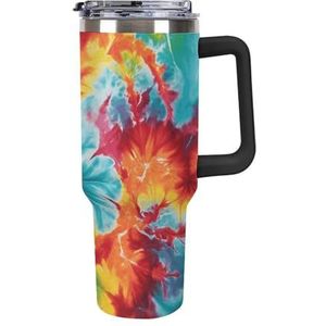 FHESDCW Kleur Tie Dye Grote Capaciteit Auto Cup 40oz RVS Tumbler met Handvat Geïsoleerde Water Fles met Stro En Deksel Gedrukt Mokken Past in Auto Bekerhouder