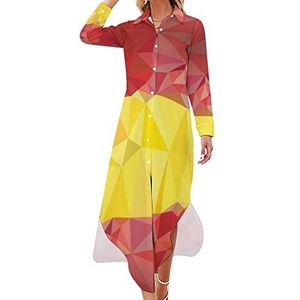 Lage Poly Spanje vlag dames maxi-jurk lange mouwen knoop shirt jurk casual feest lange jurken S