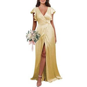 KURFACE Satijnen bruidsmeisjesjurken met V-hals, V-hals, V-hals, met mouwen, A-lijn, V-hals, formele avondjurk, Geel, 32