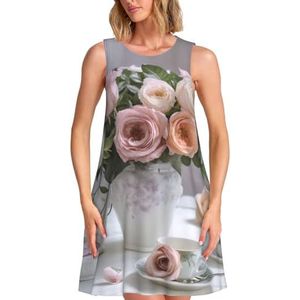 ELSMZXZD Gouden Ananas Print Dames Zomerjurken - Casual Mouwloze Jurk Zonnejurk 2025 Strand met Zak, Roos Bloem, S