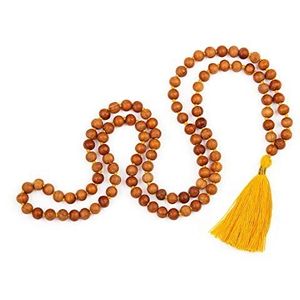Bodhi Mala Ketting met sandelhoutgeur en gekleurde kwast, 108 kralen, Hout, Parel