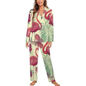 Aquarel Flamingo Bladeren Lange Mouw Pyjama Sets Voor Vrouwen Klassieke Nachtkleding Nachtkleding Zachte Pjs Lounge Sets
