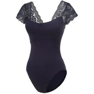 Lanbodance Dames turnpakjes met korte mouwen voor balletdans volwassen ballerina danskostuum, Marineblauw Kant, L