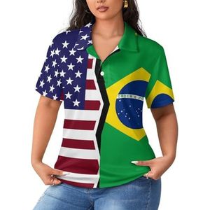 Amerikaanse En Braziliaanse Vlag Vrouwen Sport Shirt Korte Mouw Tee Golf Shirts Tops Met Knoppen Workout Blouses