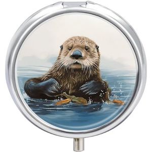 Sea Otter Pil Organizer 3 Compartiment Reizen Pillendoos met Spiegel Dagelijkse Geneeskunde Pillendoosje Metalen Pillendoos voor Portemonnee & Pocket Draagbare Kleine Medicijndoos Ronde Vitamine Case