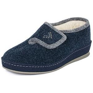 Schawos Dames Klittenband Pantoffel Johanna – Warme viltsloffen met wol, antislipzool & brede opening, marineblauw, 38 EU