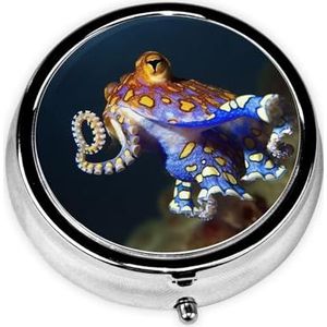 Blauw Geringde Octopus Print Ronde Pillendoos 3 Compartiment Draagbare Mini Pil Case Metalen Pil Organizer Pil Container voor Pocket Portemonnee Kantoor Reizen