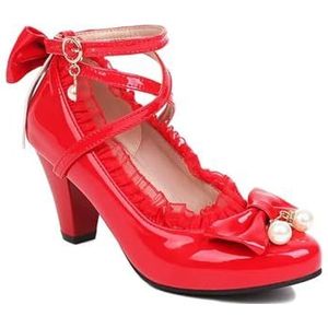 Schattige lentevrouwen, hoge hakken, cross strap, Mary Jane, pumps, party, bruiloft, cosplay, wit, rood, zwart, string kraal, strik, prinses, Lolita-schoenen, rood, 40 EU