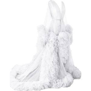 Tule gewaad zwangerschapsjurken voor fotoshoot lange bruiloft bruids zwangere kamerjassen grote maat, Wit, 32