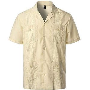 U/A Heren Cross Geverfd Guayabera Geweven Button-Down Shirt Merk Korte Mouw Cubaans Shirt met Revere Kraag, Beige, M
