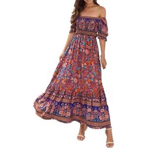 Dvbfufv Vrouwen Zomer Print Strand Jurken Vrouwen Bohemian Ruche Jurk Vrouwen Vintage Lange Jurk, Rood, L