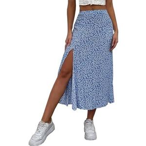 Dames Sexy Boho Bloemen Midi Rokken Mid Taille Side Split Rokken Split Dij Hoge Taille Swing Casual A-lijn Y2K Streetwear, Donkerblauw, M
