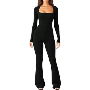 Long Sleeve Jumpsuits for Women Square Neck Wide Leg Full Length Romper Playsuit Flare Jumpsuits for Women