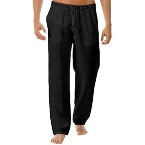 Heren Linnen Broek Zomer Lichtgewicht Rechte Pijpen Lange Broek Hippie Baggy Comfortabele Casual Broek Met Zakken Elastische Taille Strandbroek joggingbroek(Noir,3XL)