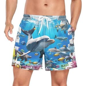 Niigeu Cartoon Dolfijnen Vissen Blauw Heren Zwembroek Shorts Sneldrogend met Zakken, Leuke mode, L