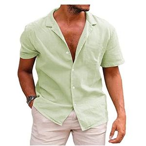 Linnen Herenoverhemd Met Korte Mouwen, Zomer, Casual Revers, Katoen, Hawaiiaans, Effen Kleur, Vakantie, Strand(Green A,XXL)