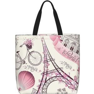 ZaKhs Parijs Eiffeltoren Bloem Print Vrouwen Tote Bag Grote Capaciteit Boodschappentas Mode Strand Tas Voor Werk Reizen, Zwart, Eén maat
