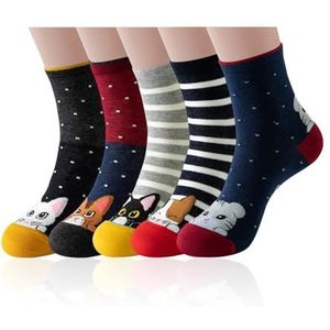 5 Paar Gepersonaliseerde Katten- en Hondensokken, Modieuze Dierensokken voor Dames, Schattige Katoenen Sokken, Geschikt voor Meisjes en Vrouwen, Wit, 35-41 EU
