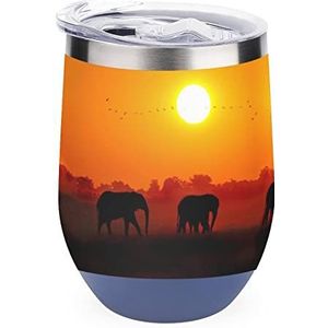 Afrikaanse olifanten bij zonsondergang herbruikbare koffiebekers roestvrij staal geïsoleerde reismok dubbelwandige wijnbeker blauwe stijl