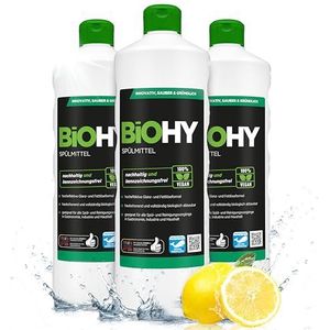 BiOHY Afwasmiddel (3 x 1l Fles) | Vrij van schadelijke chemicaliën & biologisch afbreekbaar | Glans & vetoplossende formule | Geschikt voor industrie en huishouden (Spülmittel)