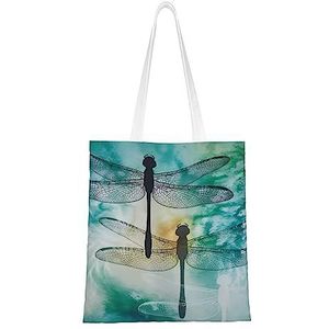 LamaMe Inkt Dragonfly 12ann Herbruikbare Canvas Tote Voor Winkelen Strand Moederdag Gift Bag, Zwart, Eén maat