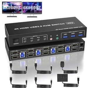 USB 3.0 KVM-switch for 2 monitoren, 4 computers, ondersteuning for EDID, 4K60Hz dual monitor switch met microfoon en 3 USB 3.0-poorten Uitgebreide compatibiliteit
